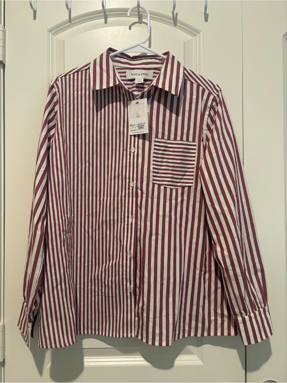SOLID & STRIPED Burgundy and White Vertical Stripe Button-Down Shirt